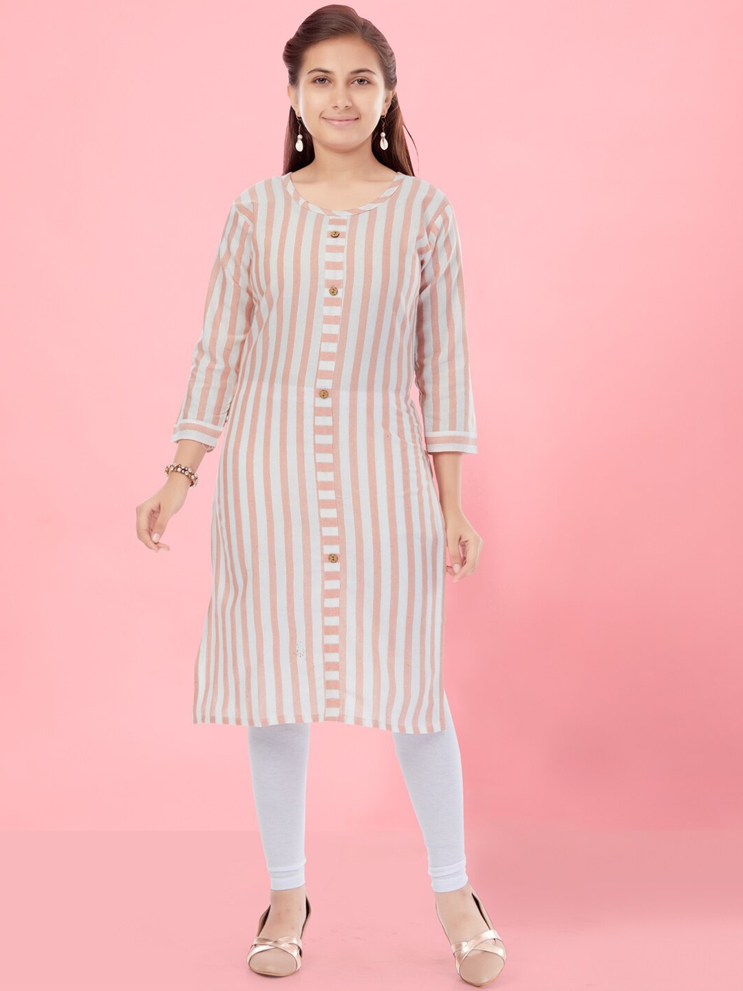 

BAESD Girls Striped Round Neck Cotton Straight Kurta, Peach