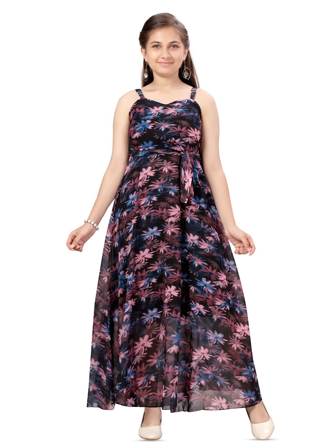 

BAESD Floral Printed Sleeveless Georgette Maxi Dress, Black
