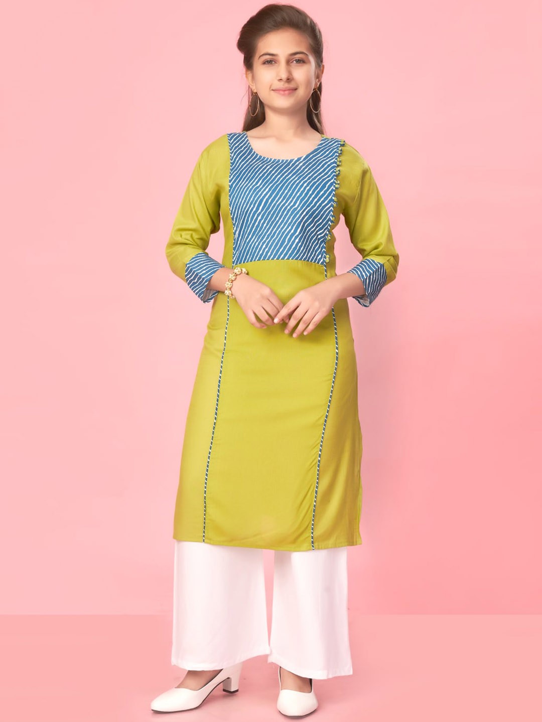 

BAESD Girls Yoke Design Regular Pure Cotton Kurta With Palazzos, Lime green