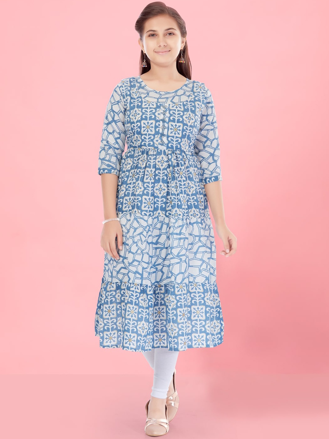 

BAESD Girls Ethnic Motifs Printed Anarkali Pure Cotton Kurta with Palazzos, Blue