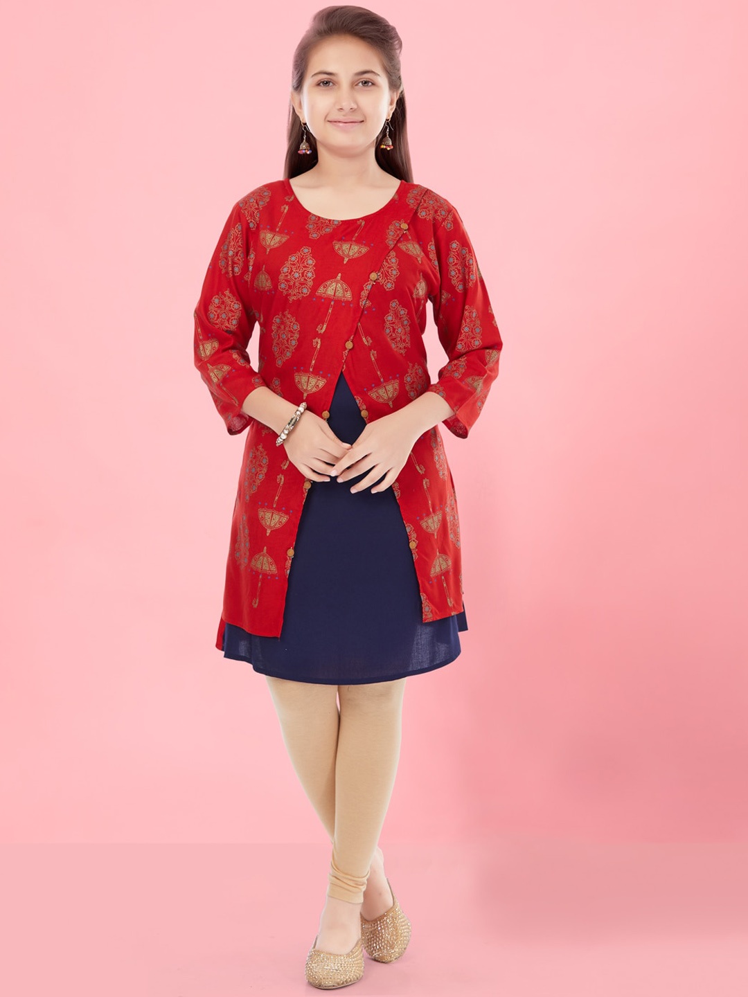 

BAESD Girls Ethnic Motifs Printed Pure Cotton Kurta & Legging, Red