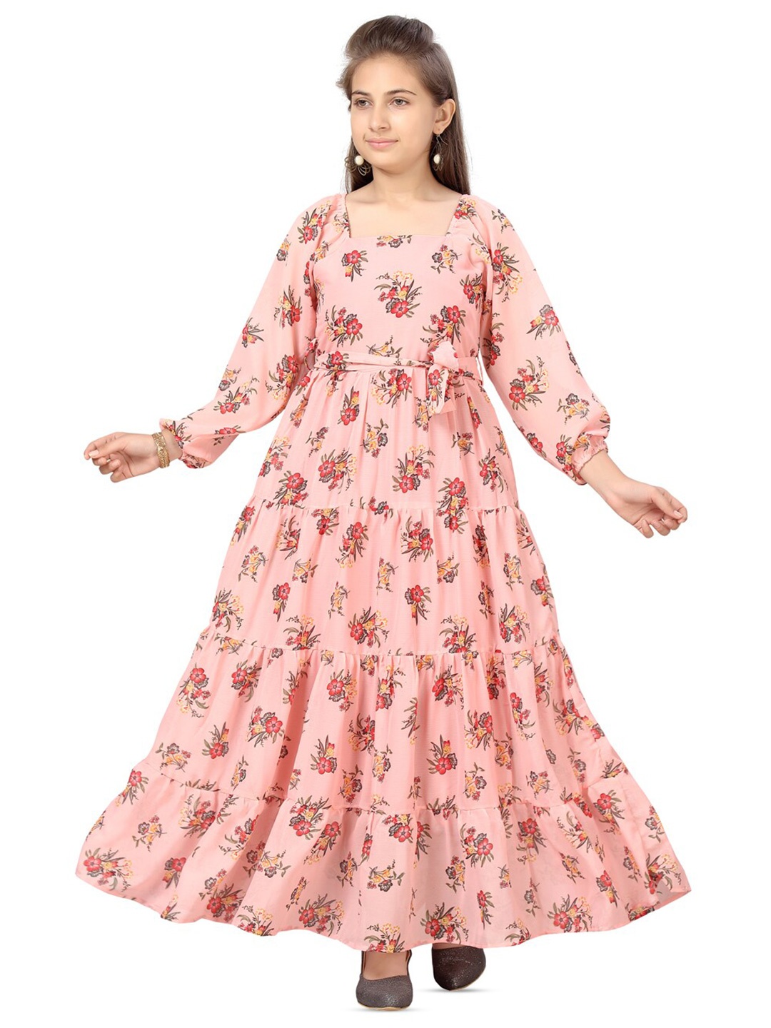 

BAESD Girls Floral Printed Square Neck Puff Sleeves Fit & Flare Maxi Dress, Peach