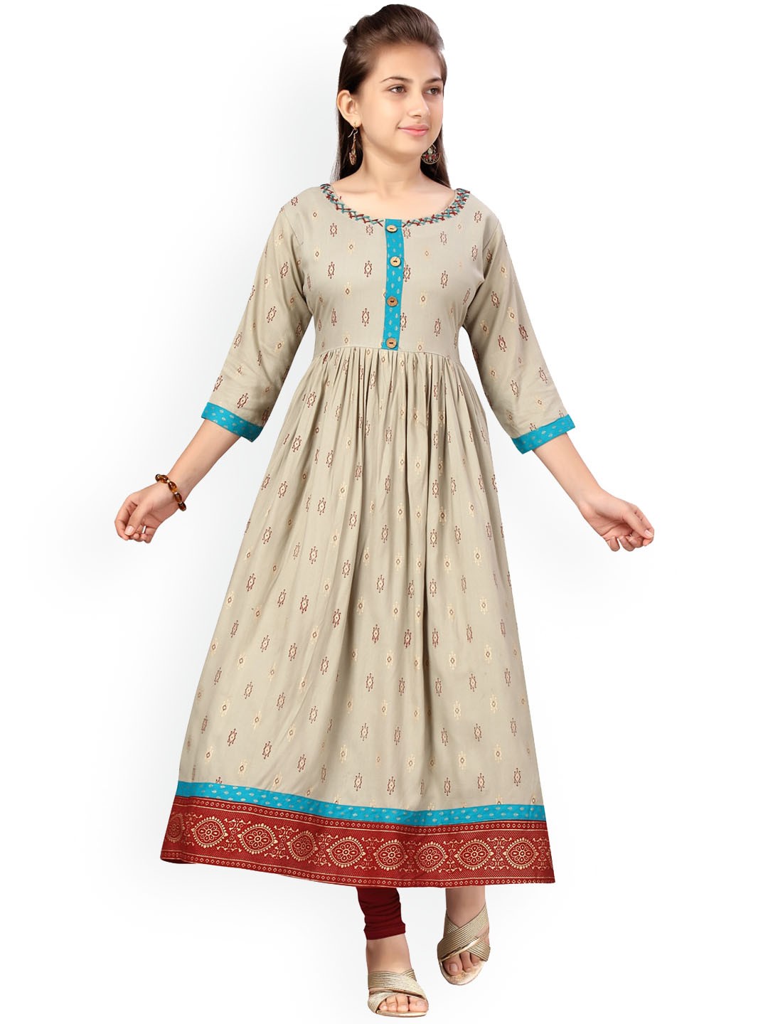 

BAESD Girls Ethnic Motifs Printed Pure Cotton Anarkali Kurta With Leggings, Grey