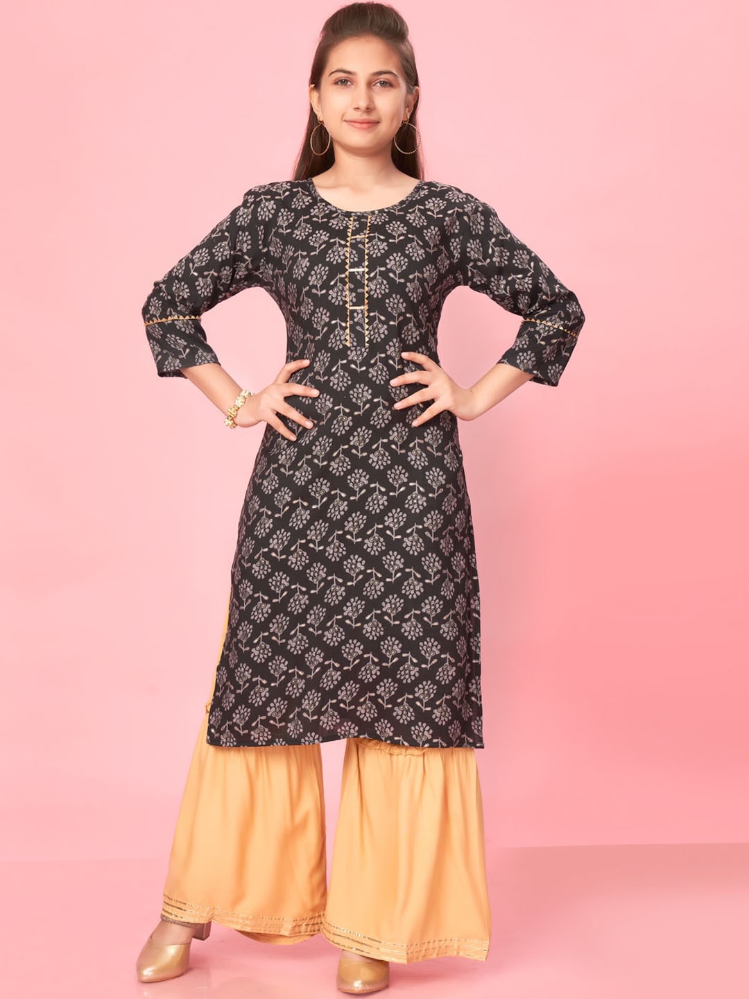 

BAESD Girls Ethnic Motifs Printed Gotta Patti Pure Cotton Straight Kurta with Sharara, Black