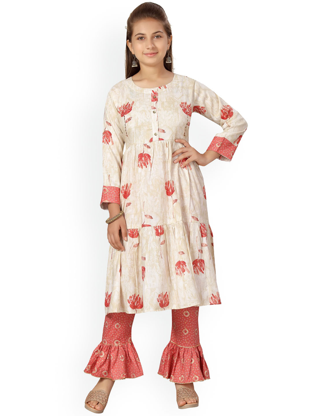 

BAESD Girls Floral Printed Tiered Pure Cotton Kurta with Trousers, Off white