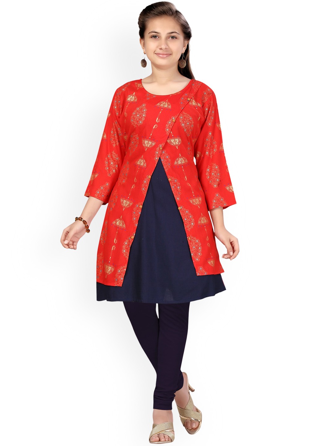 

BAESD Girls Ethnic Motifs Printed A-Line Pure Cotton Kurta & Legging, Red