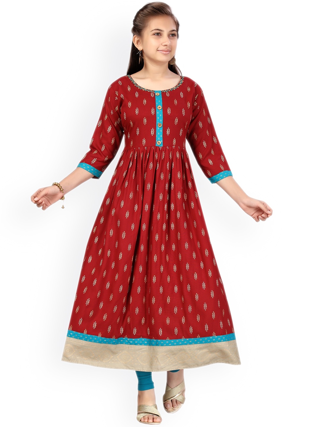 

BAESD Girls Ethnic Motifs Printed A-Line Pure Cotton Kurta & Leggings, Maroon