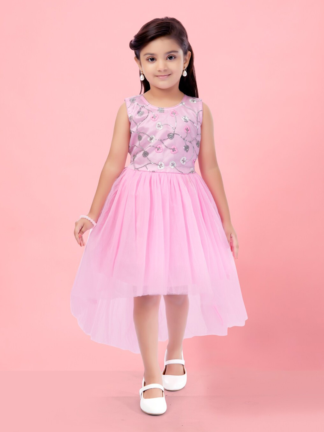 

BAESD Floral Embroidered Sequined Fit & Flare High-Low Midi Dress, Pink
