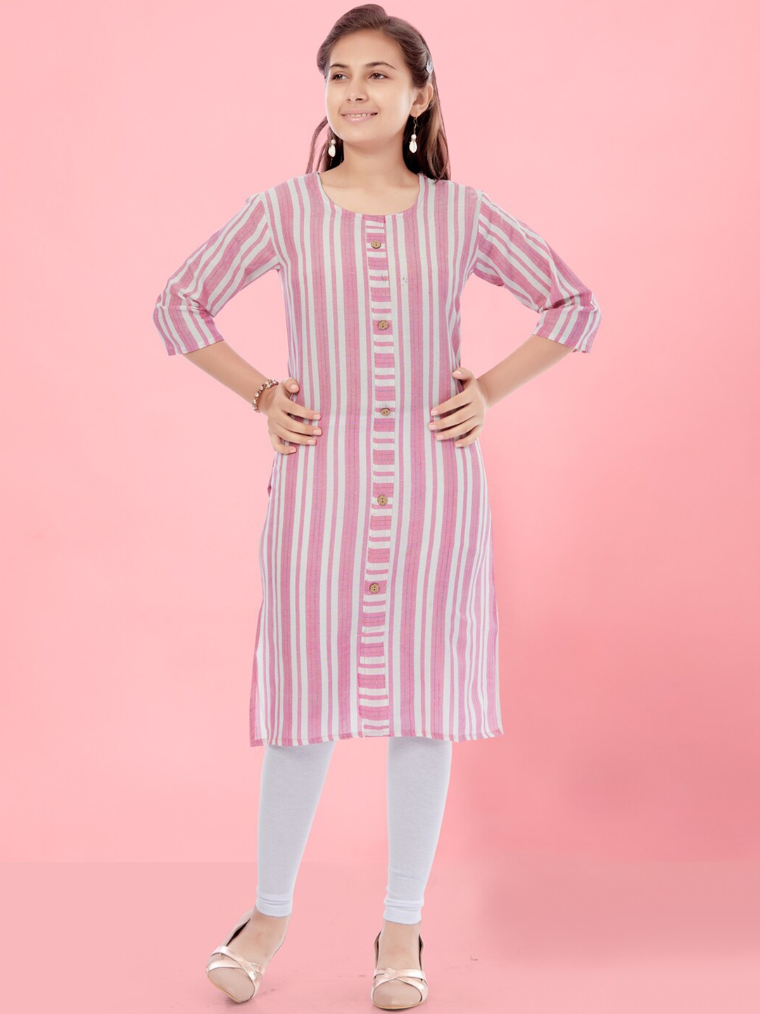 

BAESD Girls Striped Pure Cotton Straight Kurta With Leggings, Pink
