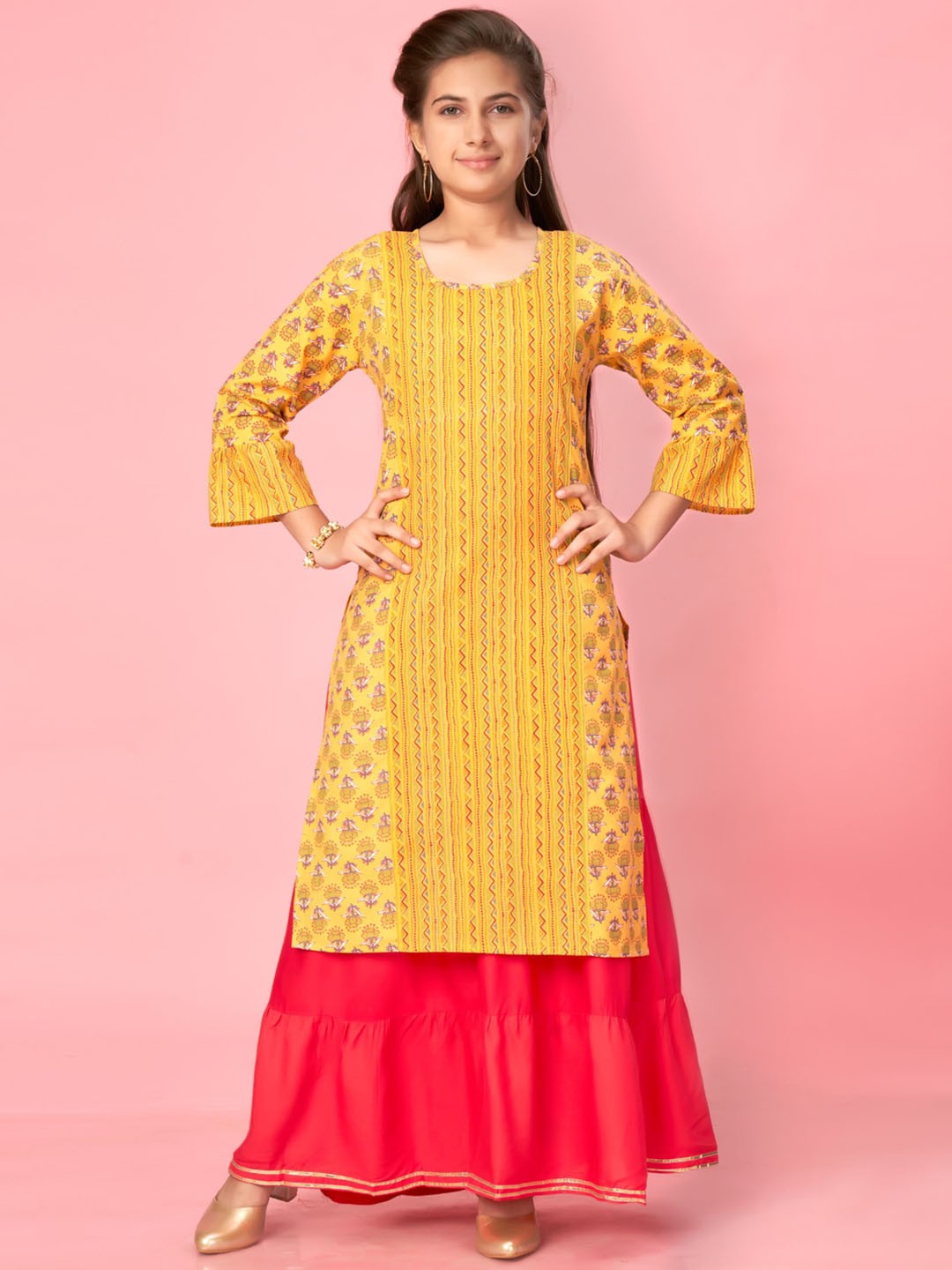 

BAESD Girls Ethnic Motifs Printed Pure Cotton Kurta with Skirt, Yellow