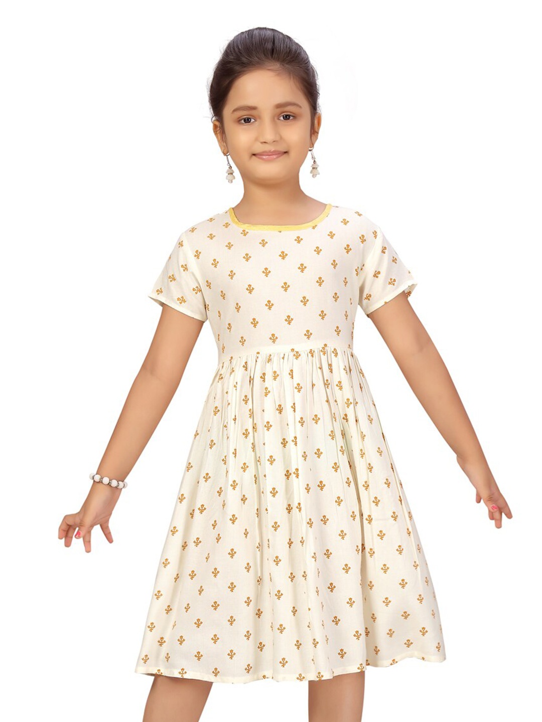 

BAESD Girls Ethnic Motifs Printed Cotton Fit & Flare Dress, White