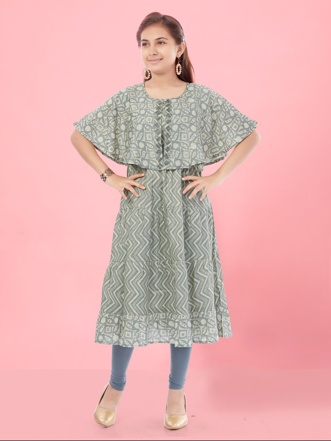 

BAESD Ethnic Motif Printed Flared Sleeves A-Line Kurta, Grey