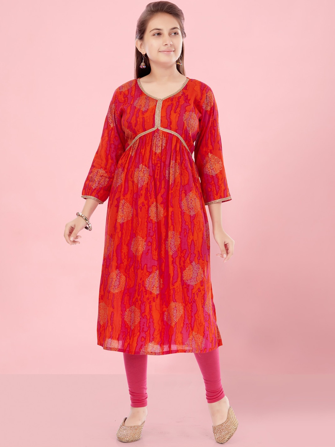 

BAESD Girls Ethnic Motifs Printed Empire Pure Cotton Kurta Set, Orange