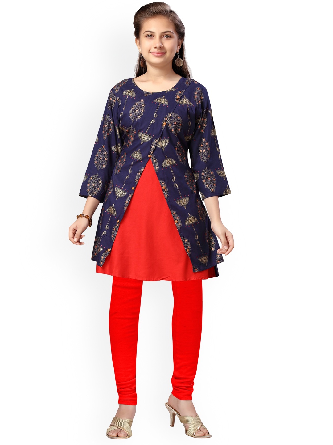 

BAESD Girls Ethnic Motifs Printed Round Neck Layered Pure Cotton Kurta & Leggings, Navy blue