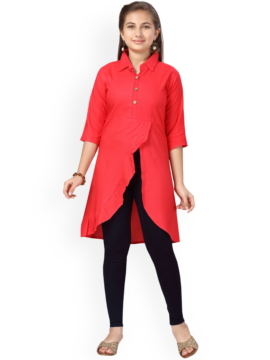 

BAESD Shirt Collar Regular Pure Cotton A-Line Kurta With Legging, Red