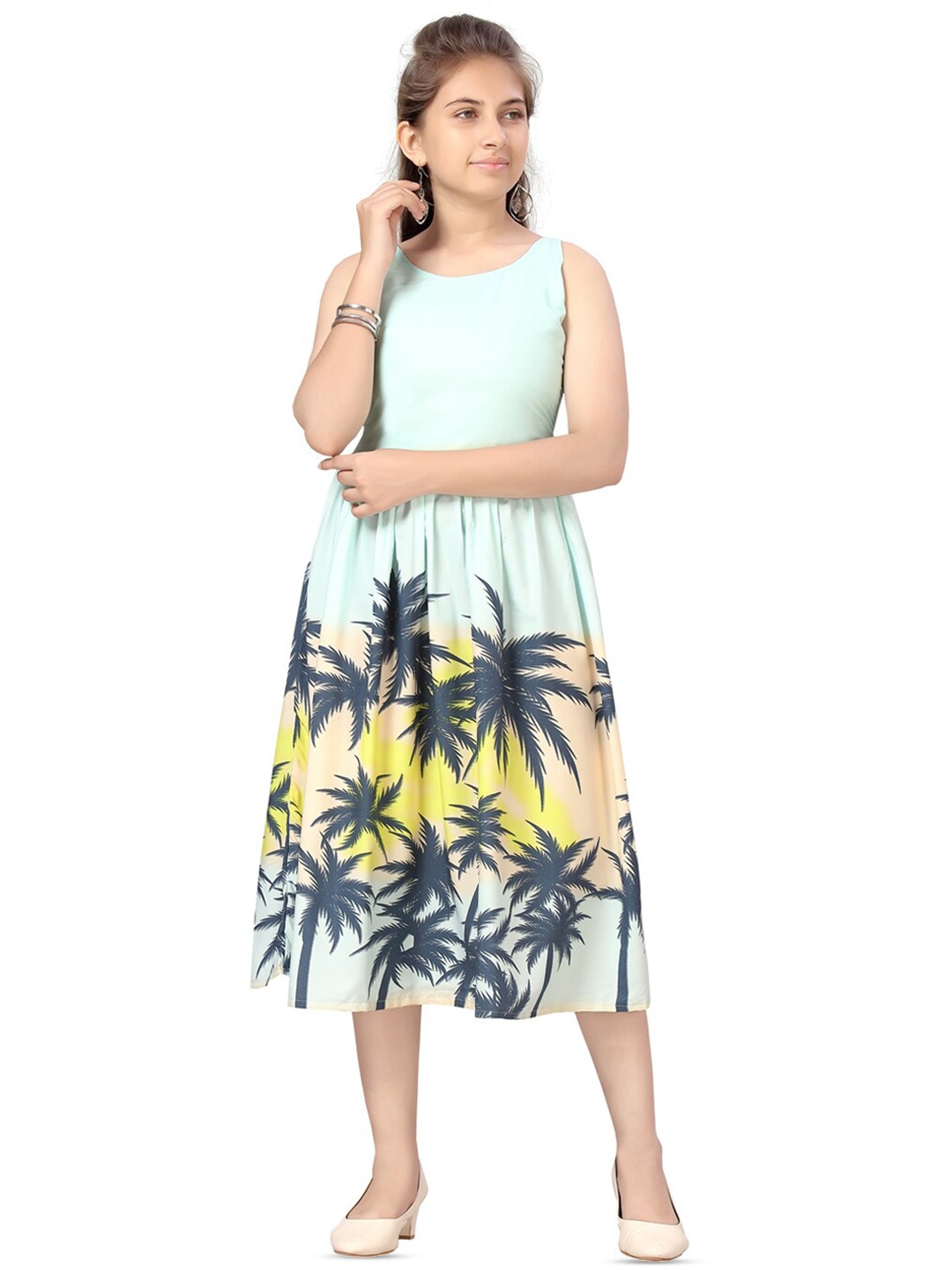 

BAESD Girls Tropical Printed Fit & Flare Midi Dress, Turquoise blue