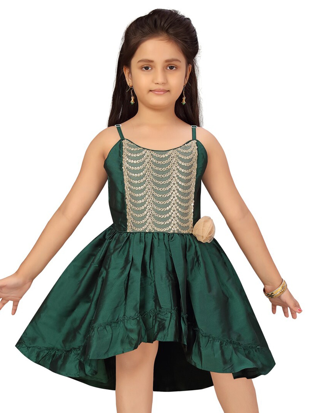 

BAESD Girls Embellished Gathered Detailed High-Low Silk Fit & Flare Dress, Green