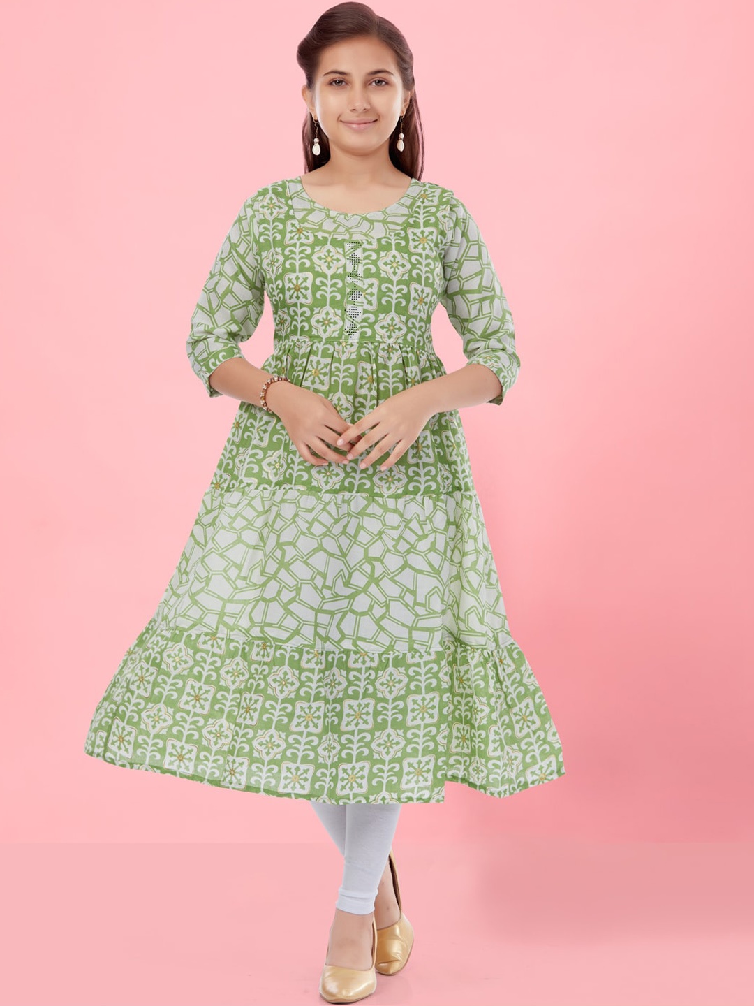 

BAESD Girls Floral Printed Anarkali Cotton Kurta, Green