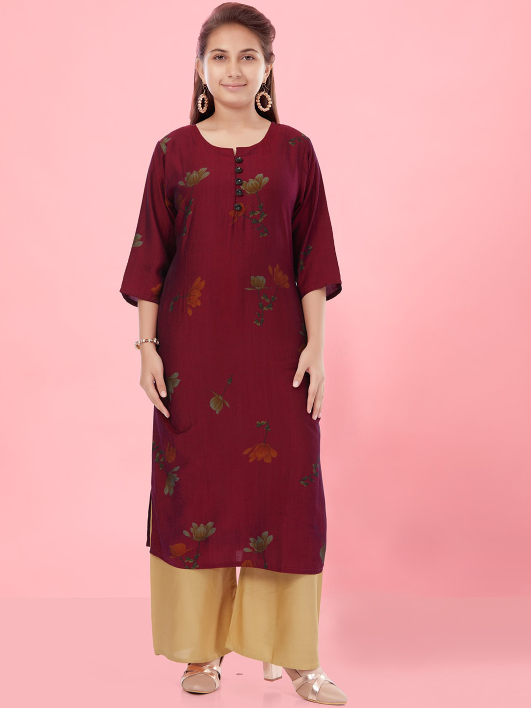 

BAESD Girls Floral Printed Pure Cotton Kurta with Palazzos, Maroon
