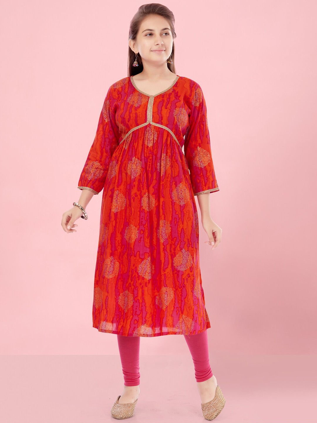 

BAESD Girls Ethnic Motifs Printed Anarkali Cotton Kurta, Orange