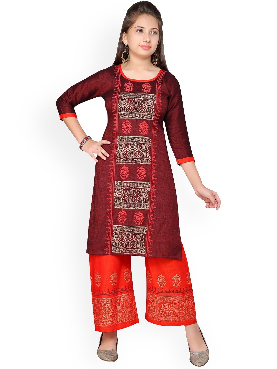 

BAESD Girls Ethnic Motifs Printed Round Neck Pure Cotton Kurta & Palazzos, Maroon
