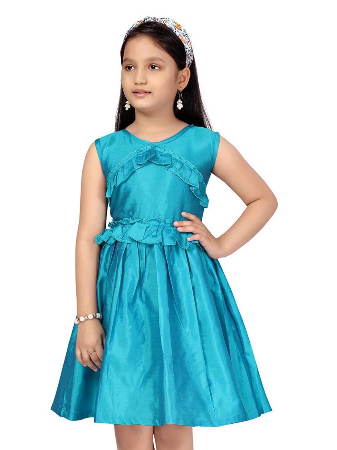 

BAESD Girls Ruffles Detail Silk Fit & Flare Dress, Turquoise blue