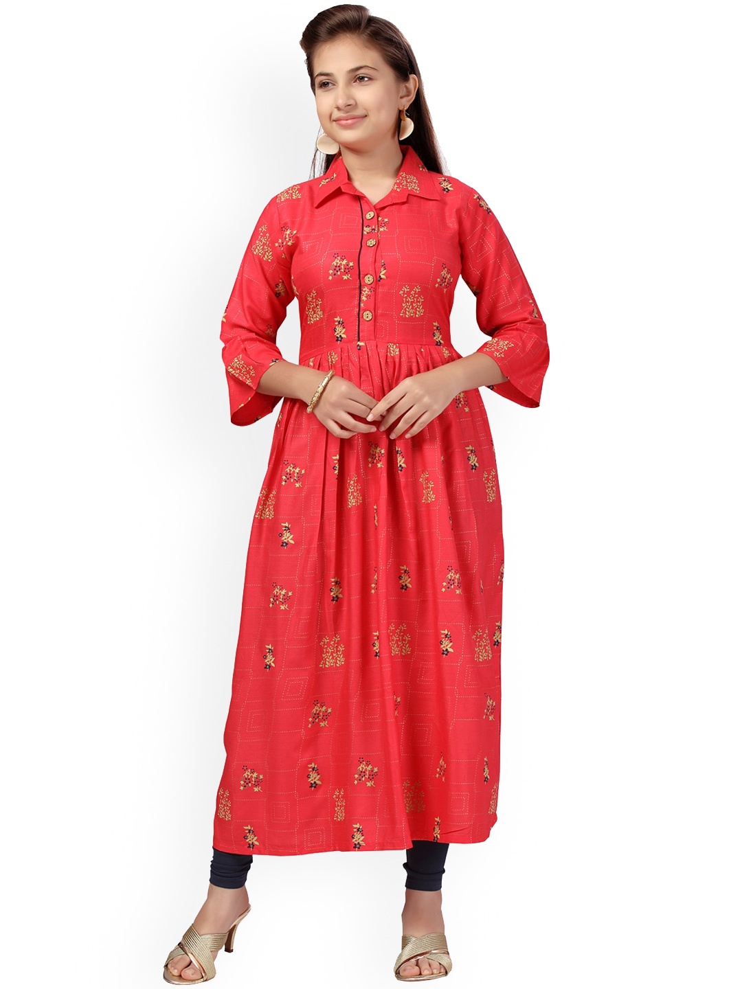 

BAESD Girls Floral Printed Shirt Collar Anarkali Pure Cotton Kurta With Leggings, Red