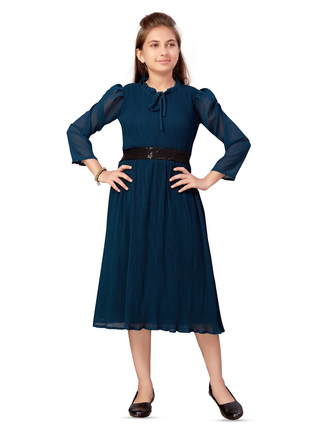 

BAESD Girls Tie-Up Neck Sequined Georgette A-Line Midi Dress, Teal