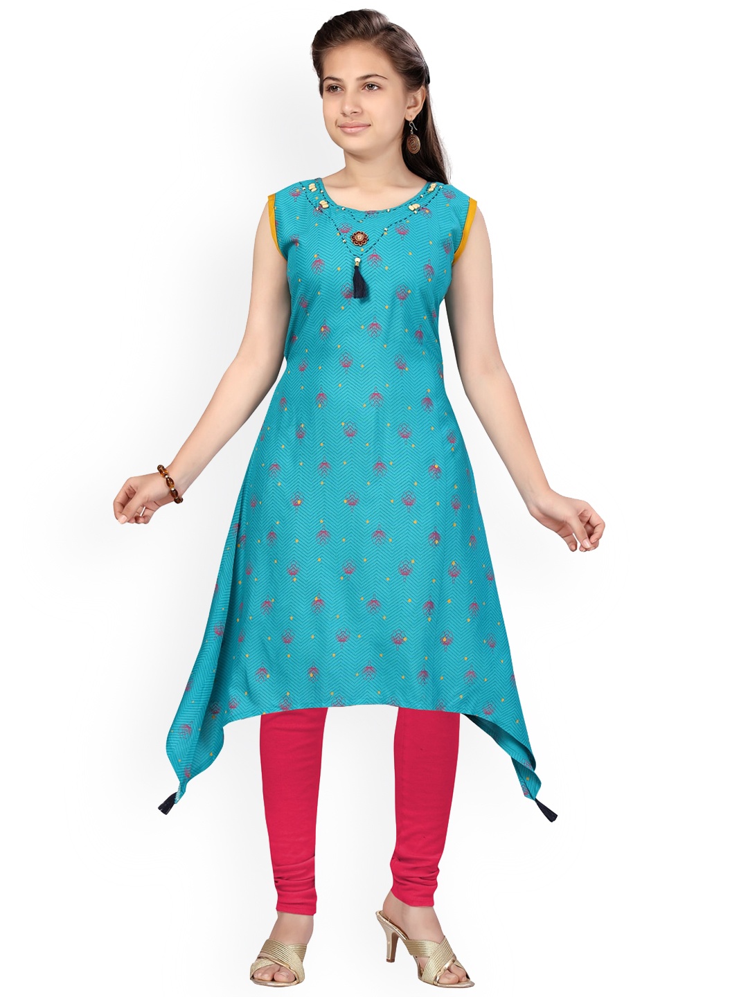 

BAESD Girls Floral Printed Pure Cotton A-Line Kurta With Leggings, Turquoise blue
