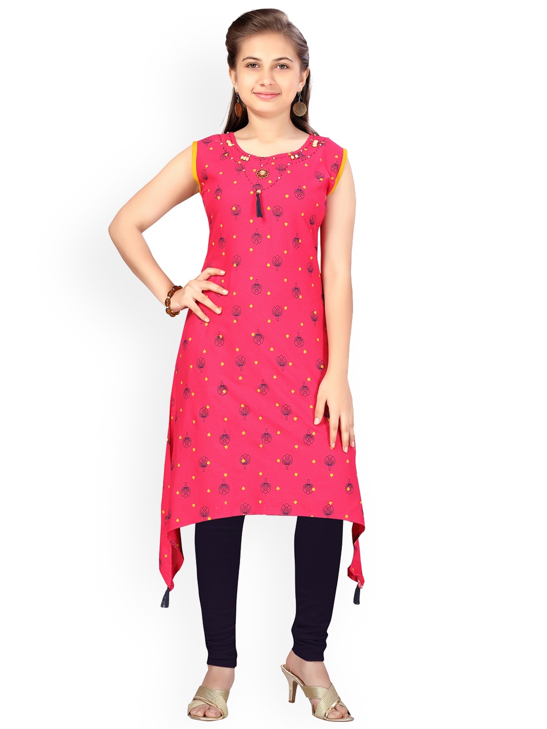 

BAESD Girls Floral Printed Sleeveless Cotton Kurta, Pink