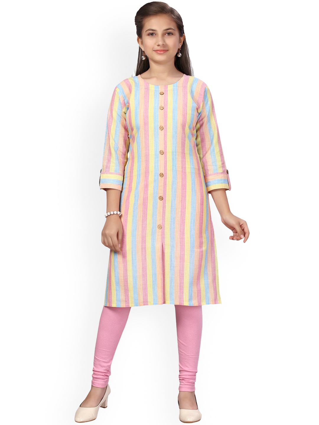 

BAESD Girls Striped Round Neck Roll-Up Sleeves Pure Cotton Kurta & Leggings, Pink
