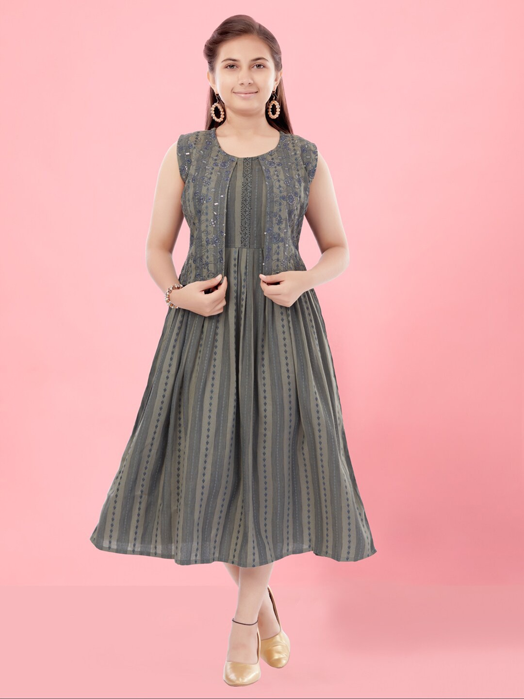 

BAESD Girls Striped Sequinned Cotton A-Line Midi Dress, Grey