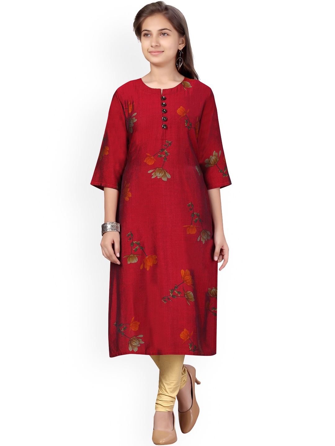 

BAESD Girls Floral Printed Straight Cotton Kurta, Maroon