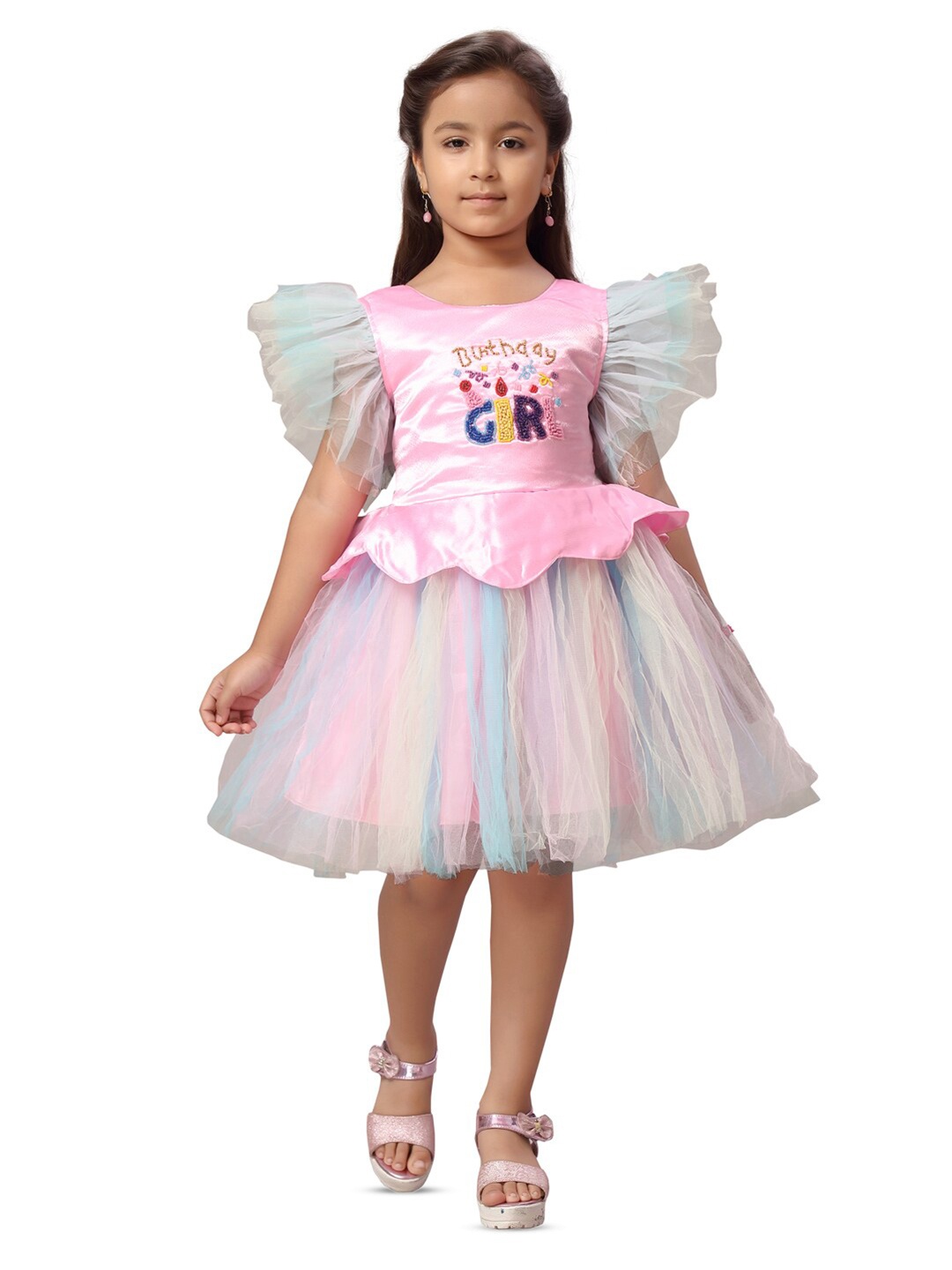 

BAESD Girls Embellished Flutter Sleeves Fit & Flare Dress, Pink