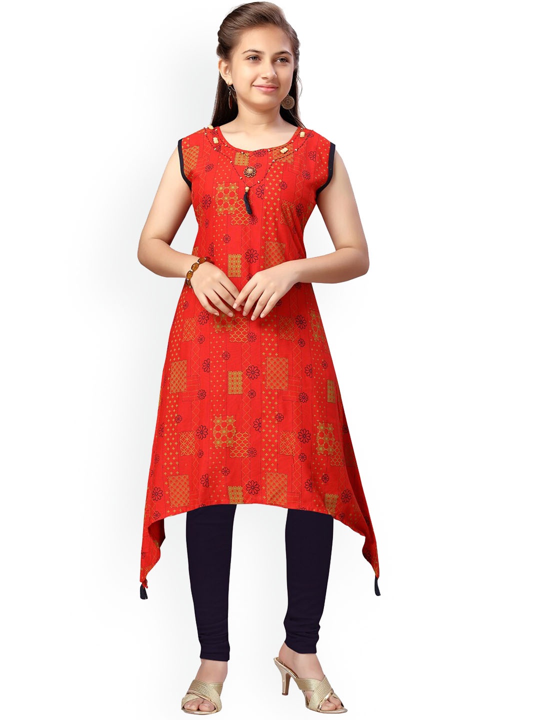 

BAESD Girls Floral Printed Asymmetric Cotton A-Line Kurta, Red