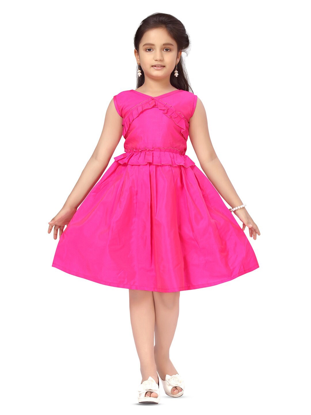 

BAESD Girls V-Neck Pleated Detailed Silk Fit & Flare Dress, Pink