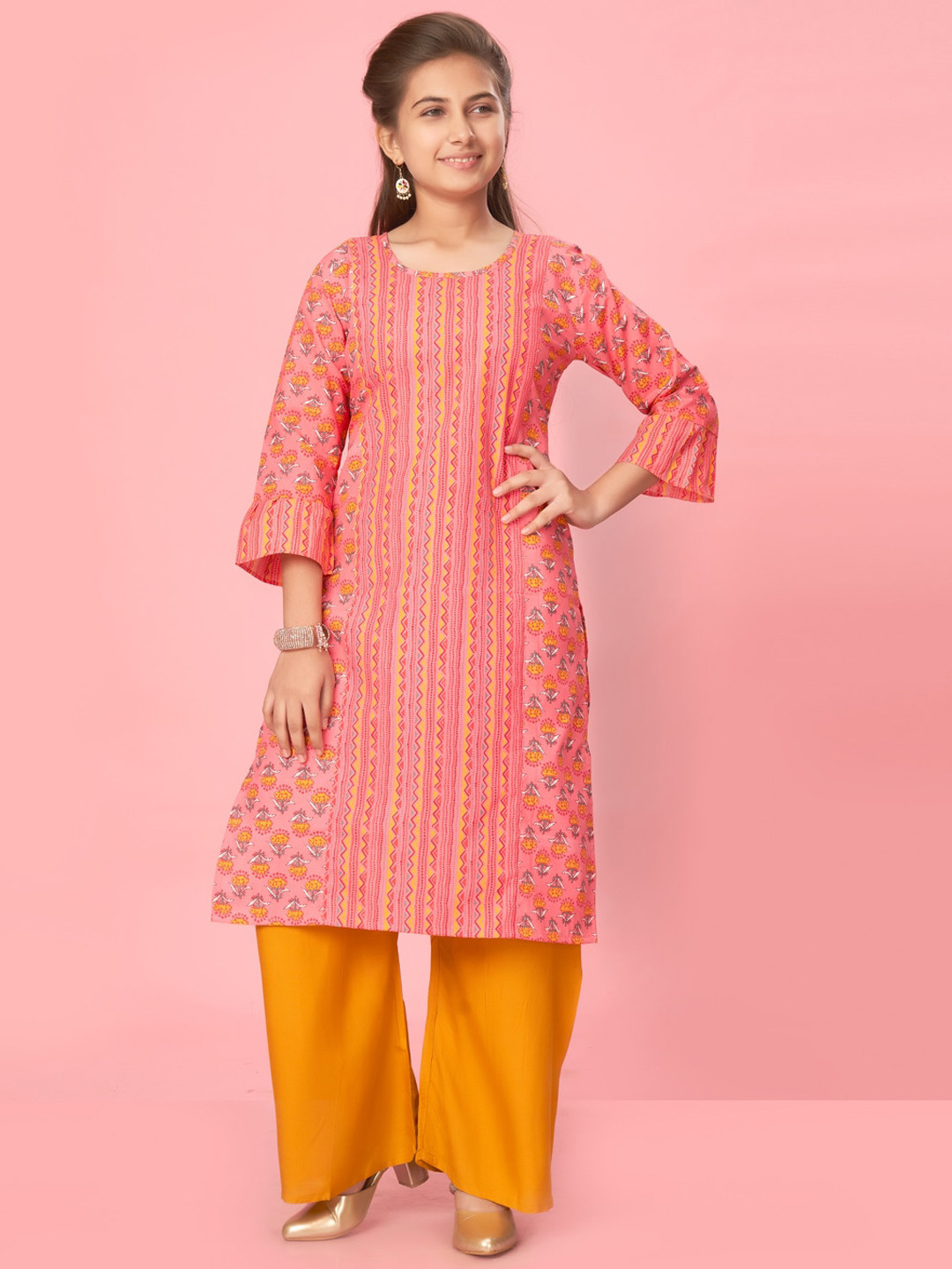 

BAESD Girls Ethnic Motifs Printed Regular Pure Cotton Kurta With Palazzos, Red