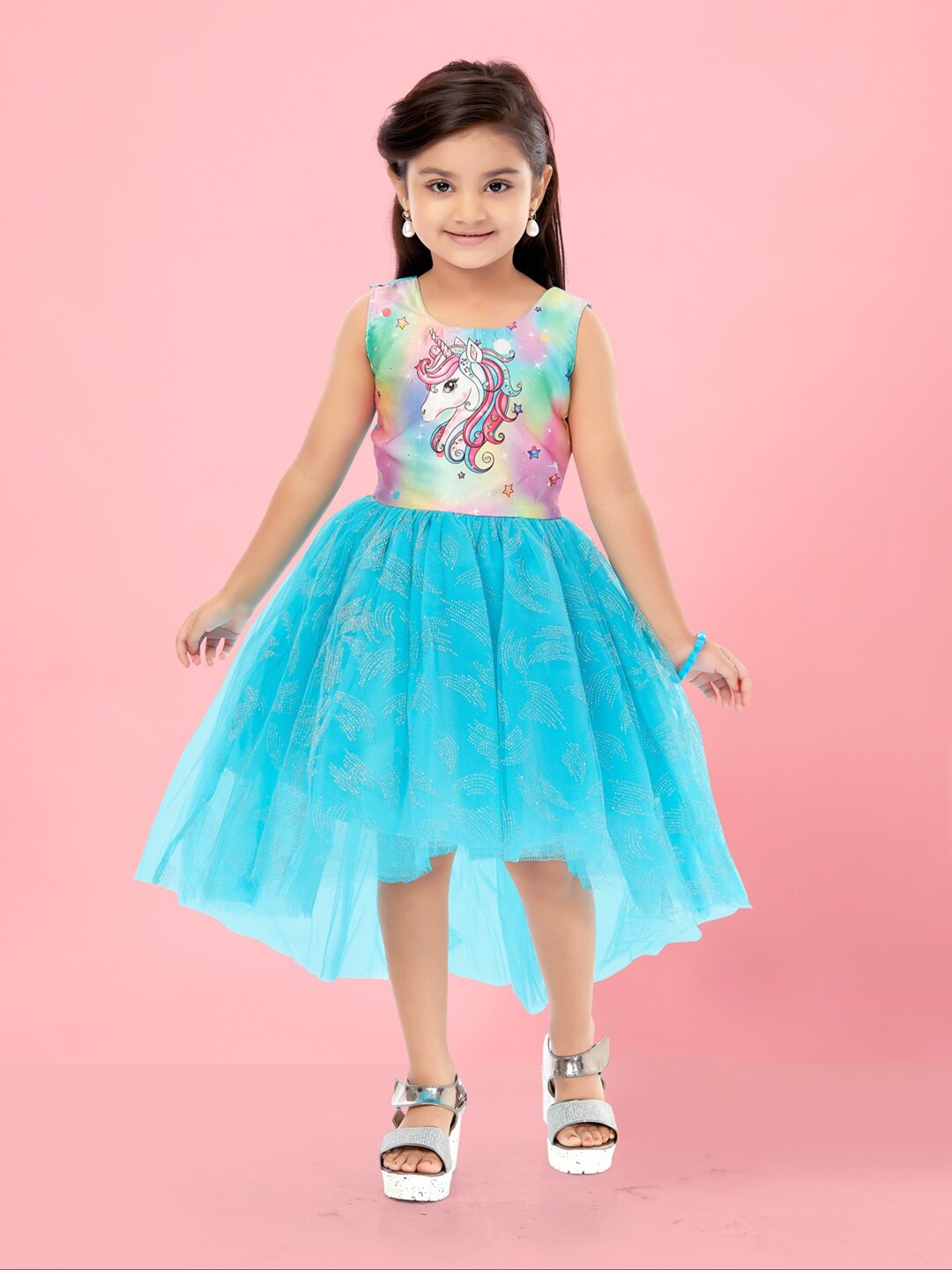 

BAESD Girls Graphic Print Embellished Fit & Flare Dress, Turquoise blue