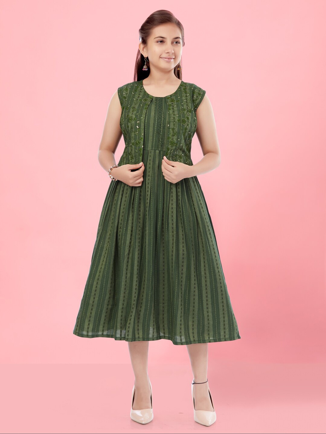 

BAESD Girls Striped Gathered Cotton A-Line Midi Dress, Green
