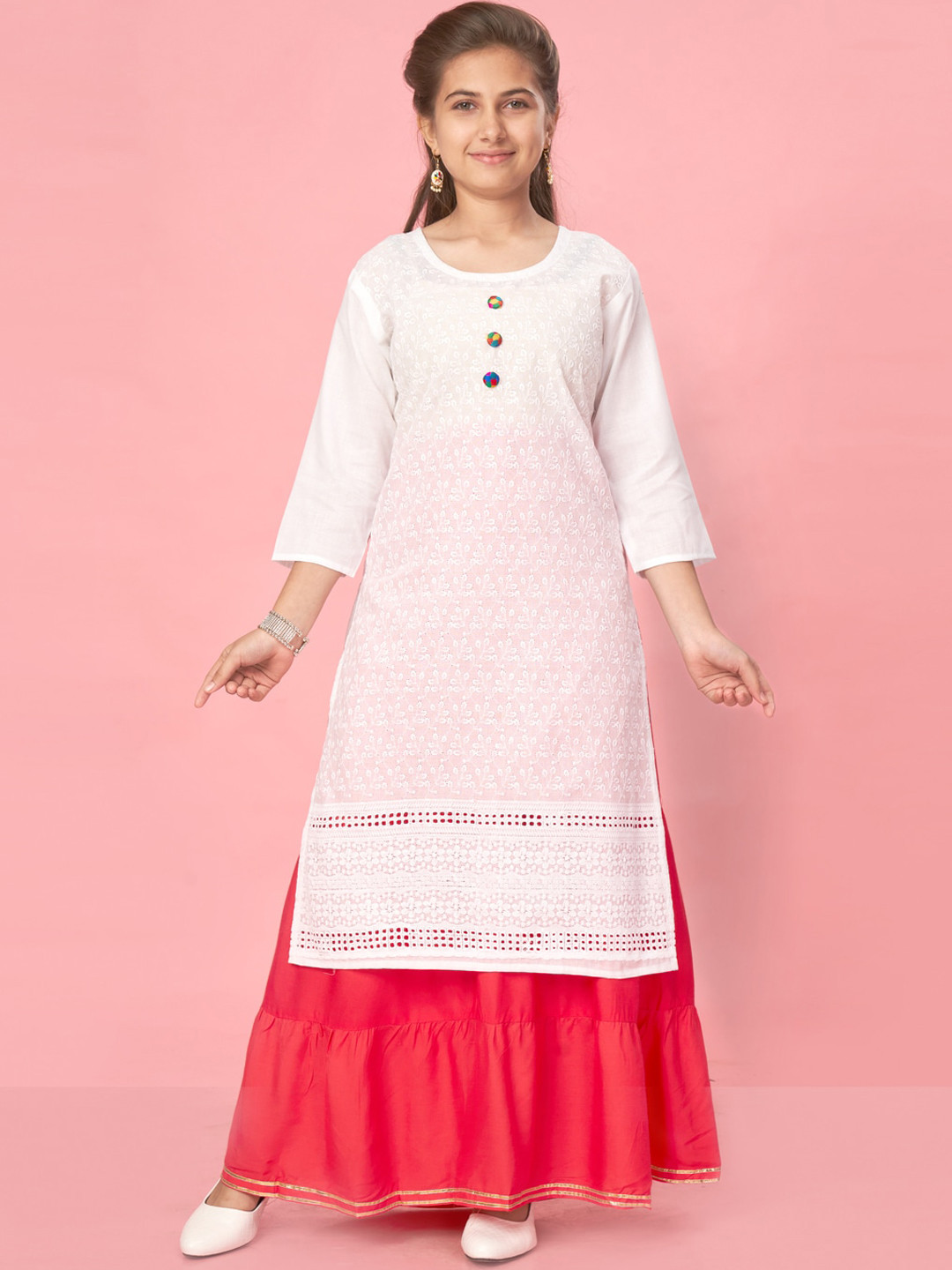 

BAESD Girls Floral Embroidered Regular Pure Cotton Kurta with Skirt, White