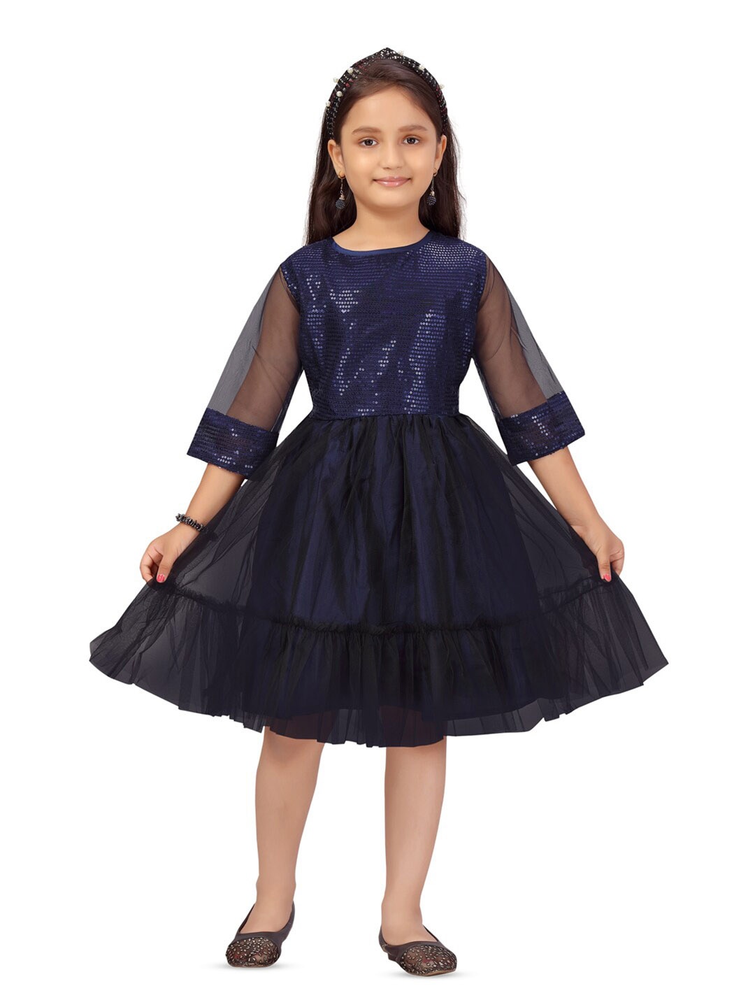 

BAESD Girls Embellished Sequinned Net Fit & Flare Dress, Navy blue