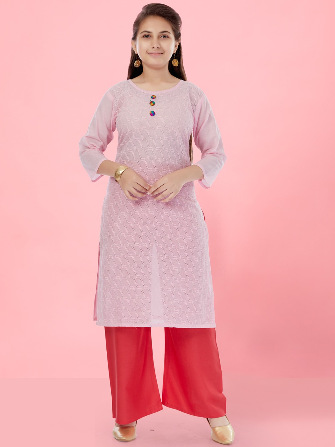 

BAESD Girls Pink Checked Keyhole Neck Flared Sleeves Thread Work Kurta