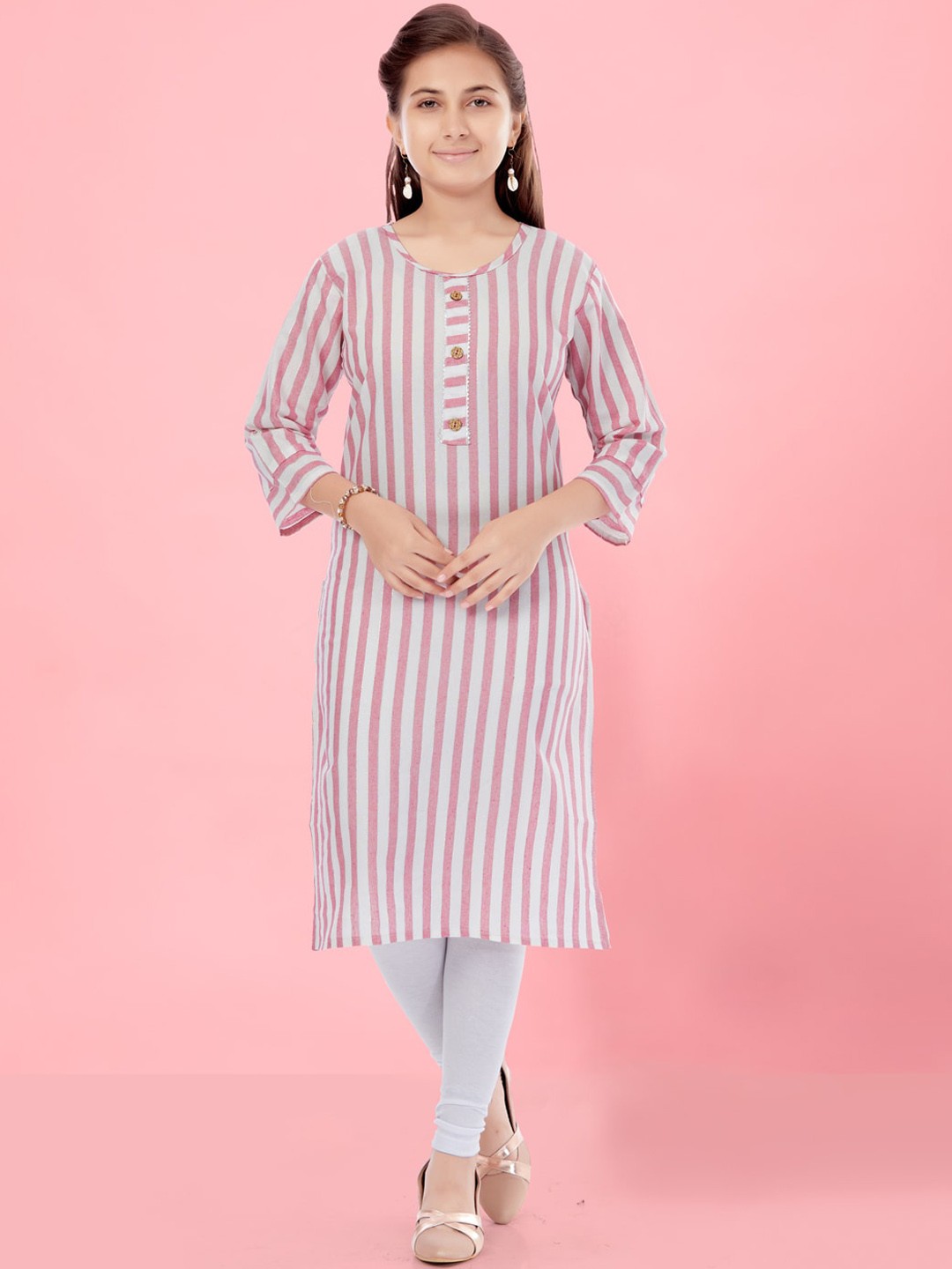 

BAESD Girls Striped Pure Cotton Straight Kurta With Leggings, Pink