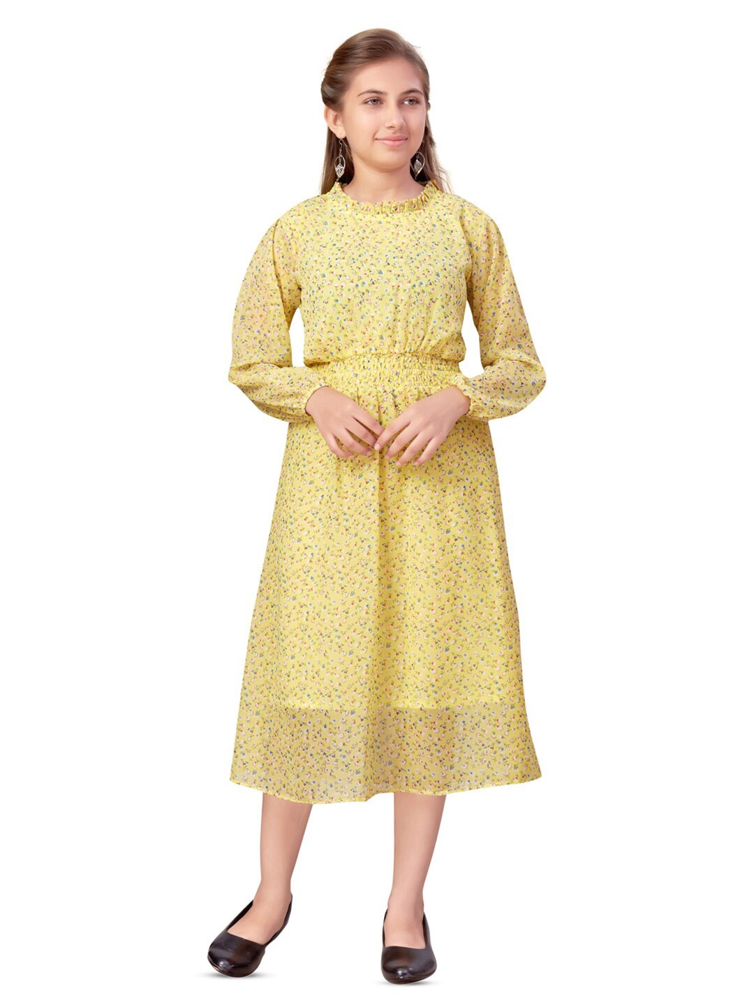 

BAESD Girls Floral Printed Georgette Fit & Flare Midi Dress, Yellow