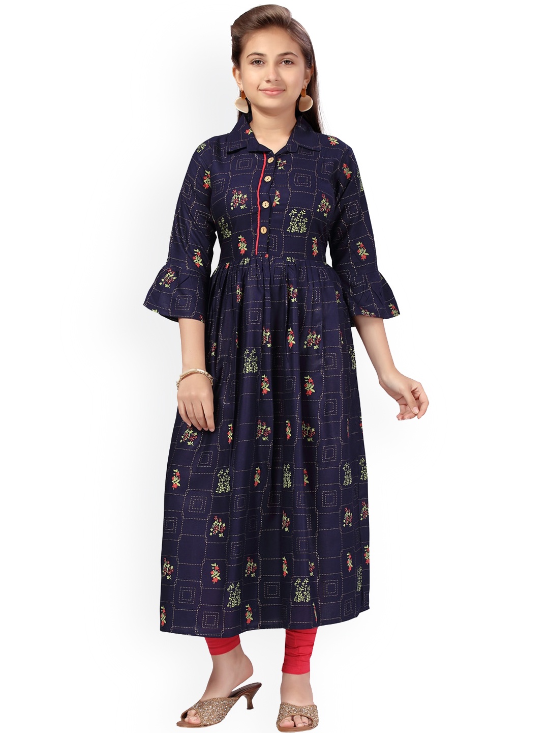 

BAESD Girls Ethnic Motifs Printed Pure Cotton Kurta With Leggings, Navy blue