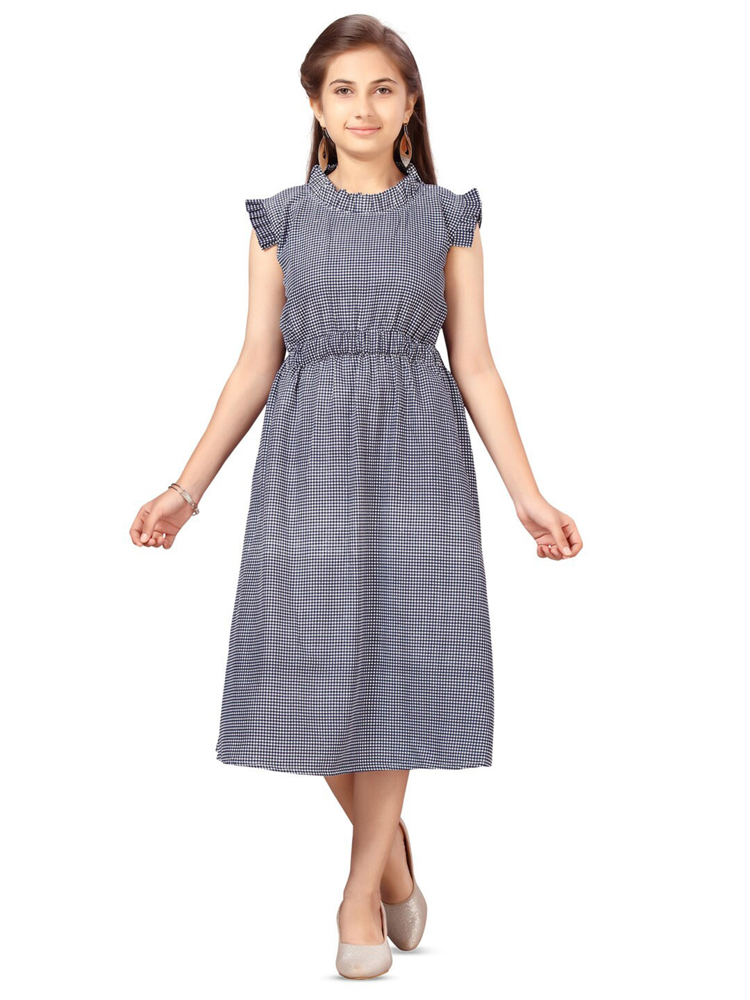 

BAESD Girls Checked Ruffles A-Line Midi Dress, Blue