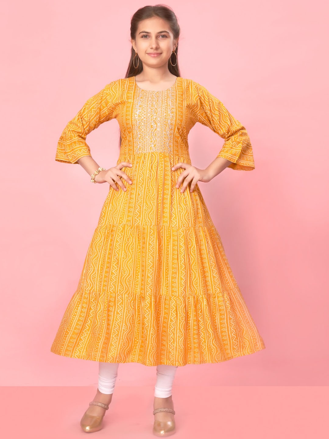 

BAESD Girls Bandhani Printed Thread Work Regular Pure Cotton Kurta, Yellow