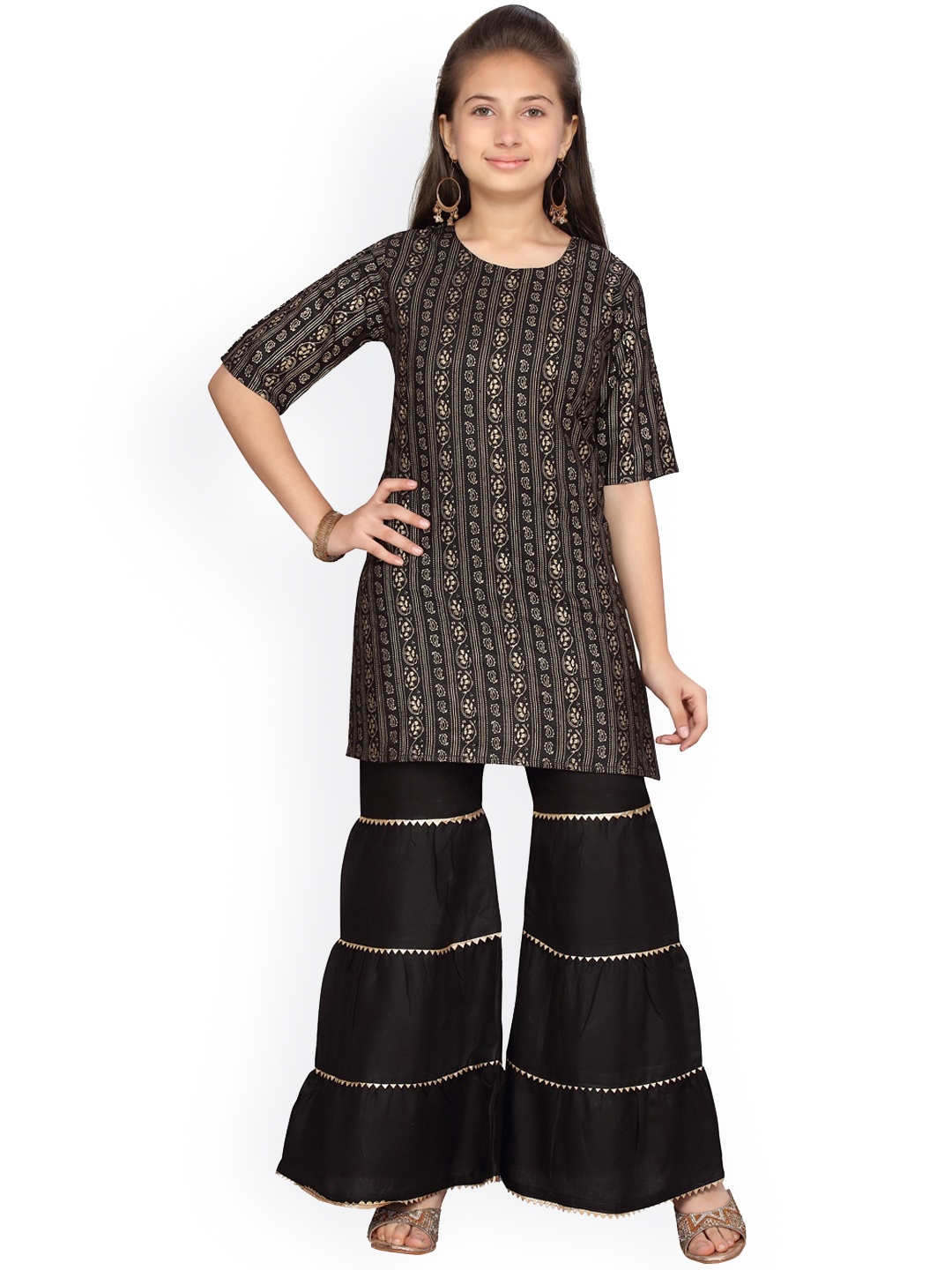 

BAESD Girls Ethnic Motifs Printed Regular Pure Cotton Kurta with Sharara, Black