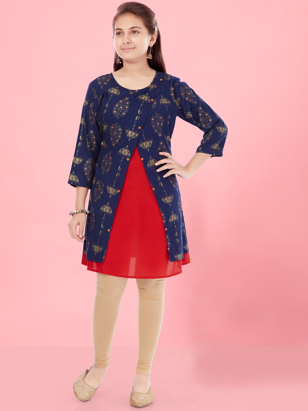 

BAESD Girls Ethnic Motifs Printed Panelled Pure Cotton Kurta, Navy blue