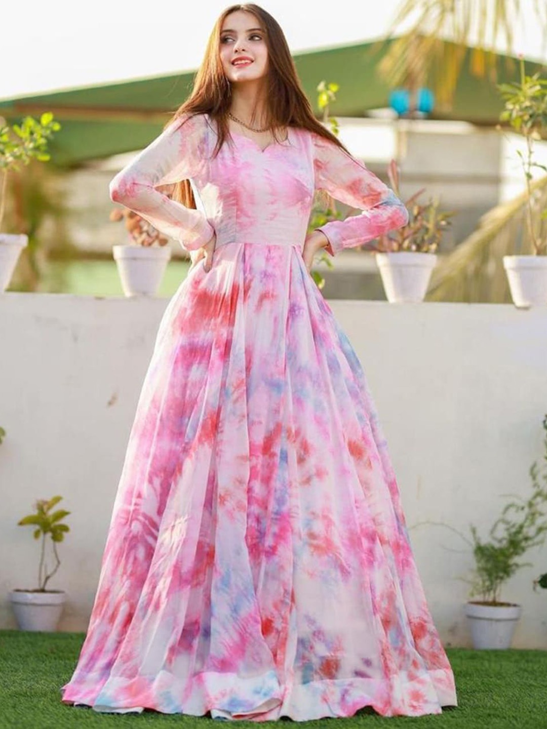 

Kedar Fab Tie & Dye Gathered Detailed Silk Maxi Dress, White